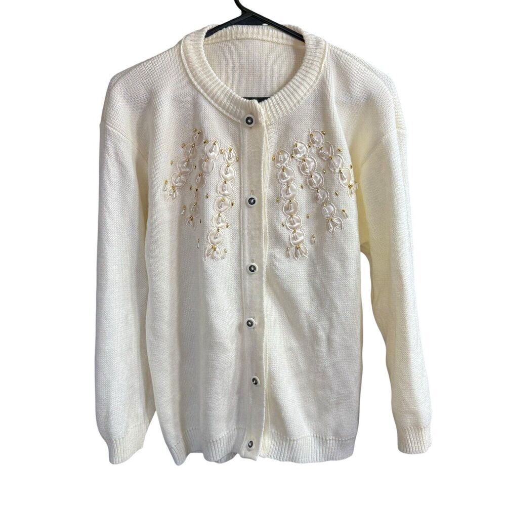 Vtg 60s Cardigan Women's Ivory Gold Pearl Beads Ornate Buttons Medium